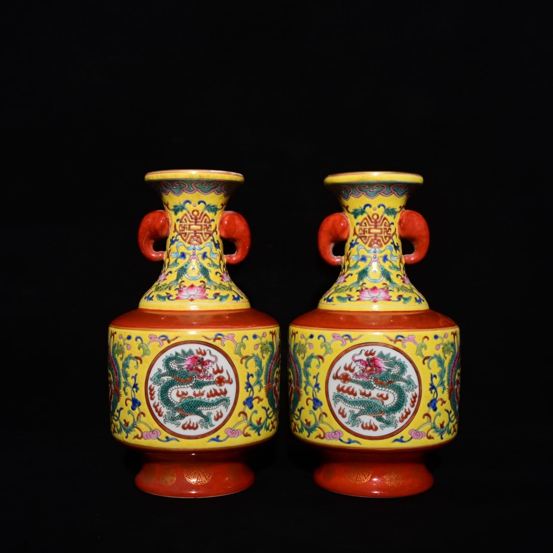A Pair of Exquisite Enamel Dragon and Phoenix Pattern Lotus Pattern Double-Ears Vases,: A Pair of Exquisite Enamel Dragon and Phoenix Pattern Lotus Pattern Double-Ears Vases,Qing Dynasty, China,Qianlong Six-character Mark,Size:9.6inx5.5in 一对珐琅彩龙&