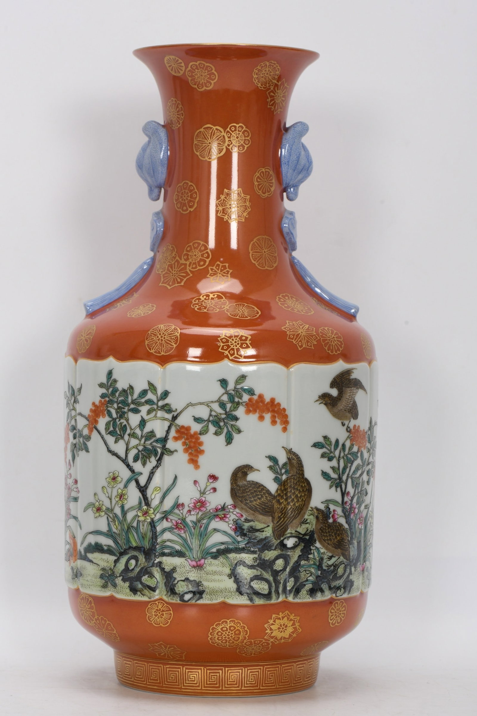 An Exquisite Enamel Flower and Bird Pattern with poem Double-Ears Vase: An Exquisite Enamel Flower and Bird Pattern with poem Double-Ears Vase,Qing Dynasty, China , Qianlong Six-character Mark,Size:13.6inx6.8in,珐琅彩花鸟纹带ť
