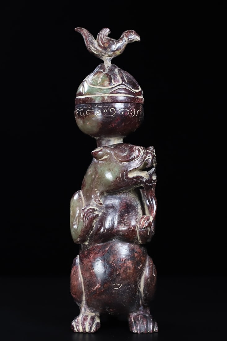 An Exquisite White Jade Auspicious Animal with Cover Censer: An Exquisite White Jade Auspicious Animal with Cover Censer,Han