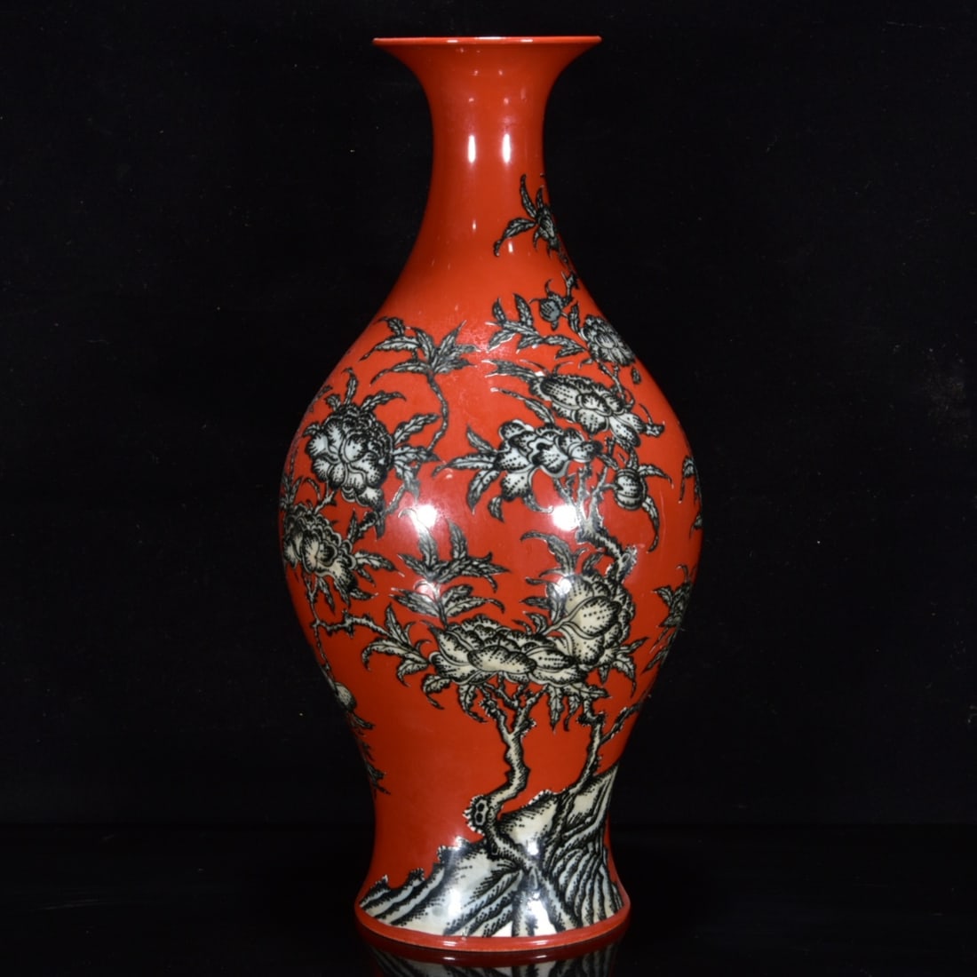 An Exquisite Coral Red Glazed Ink Color Peony Pattern Vase: An Exquisite Coral Red Glazed Ink Color Peony Pattern Vase,Qing Dynasty,China,with Yongzheng Six-character