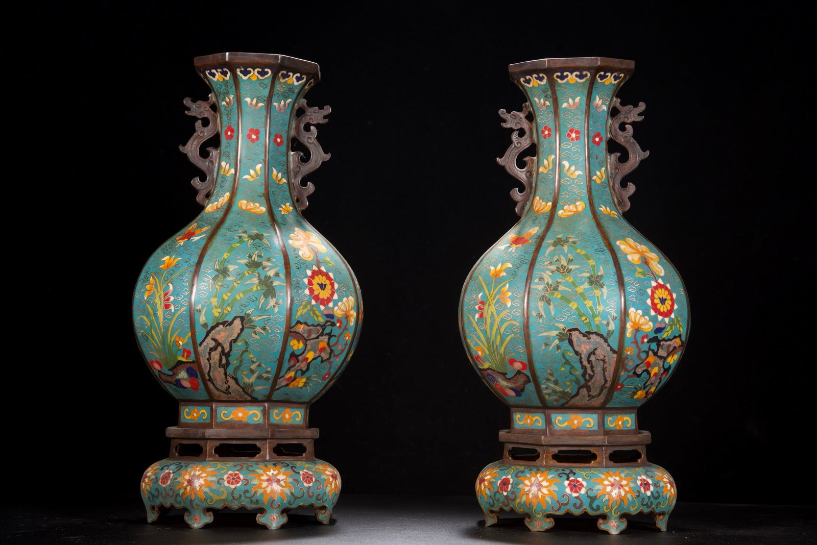 A Pair of Exquisite Cloisonne Plum Blossom,Orchid Bamboo and Chrysanthemum Pattern Dragon-Ears: A Pair of Exquisite Cloisonne Plum Blossom,Orchid Bamboo and Chrysanthemum Pattern Dragon-Ears Vase,with Bases,Qing Dynasty,China,with Qianlong Six-character Mark,Size:16.9inx8.3inx4.5in*2,Weight:1060