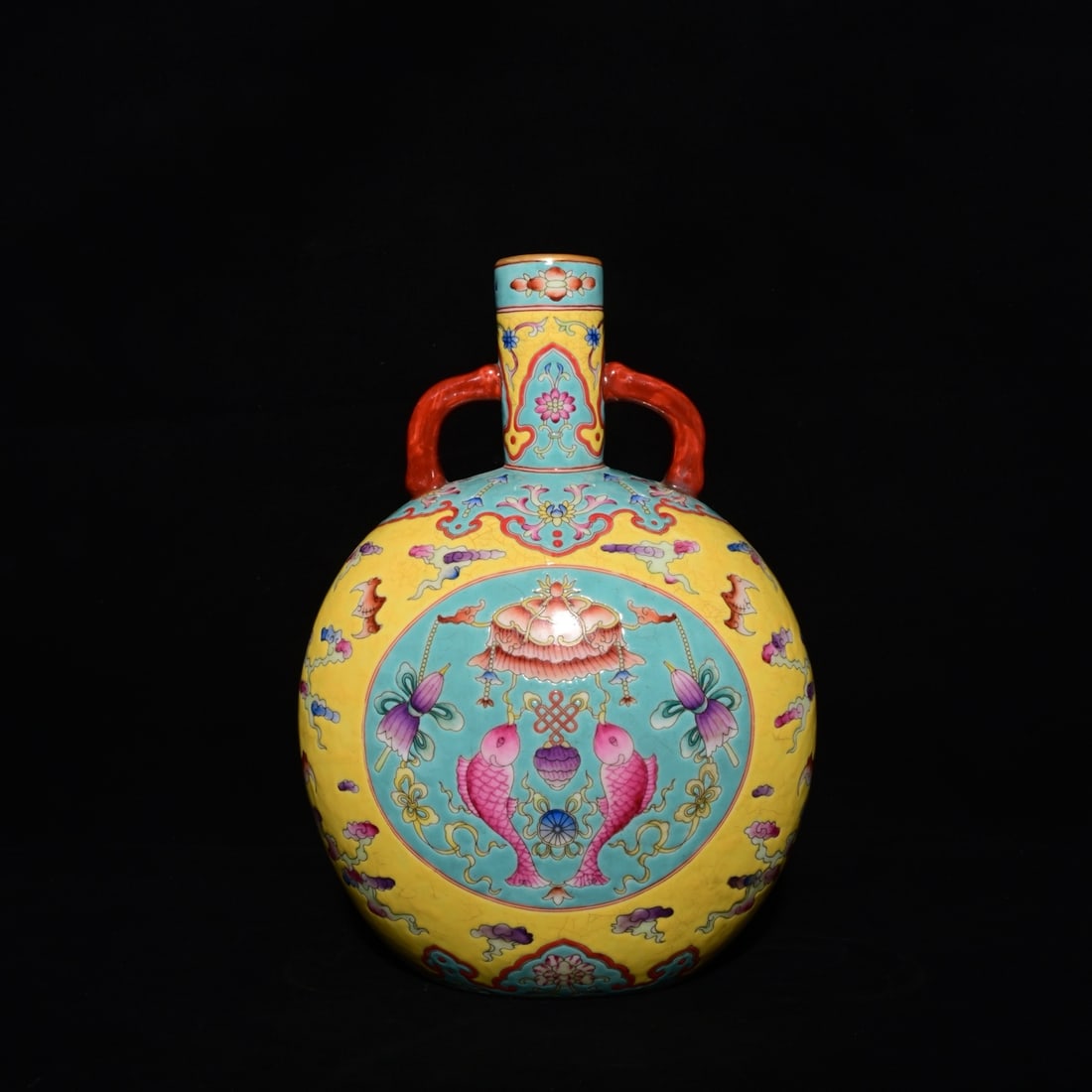 An Exquisite Enamel Fish Pattern Bats and Peach Pattern Double-Ears Vase,: An Exquisite Enamel Fish Pattern Bats and Peach Pattern Double-Ears Vase,Qing Dynasty, China,Yongzheng Four-character Mark,Size:10.2inx7.5in 珐琅彩鱼纹福寿