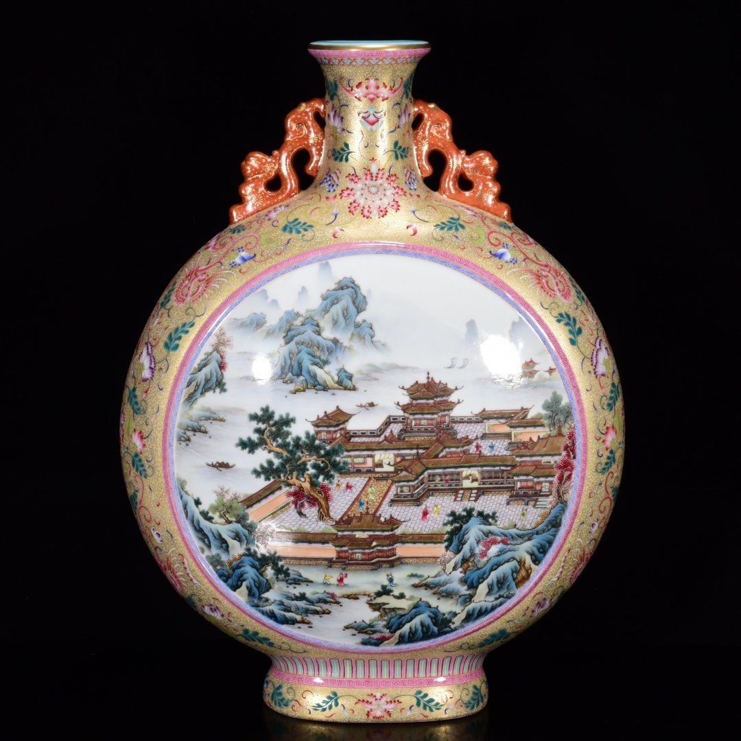 An Exquisite Enamel Landscape Pattern Vase: An Exquisite Enamel Landscape Pattern Vase,Qing Dynasty,China,with Qianlong Six-character Mark,Size:22.4inx16.9in,珐琅彩山水纹瓶,中国清É