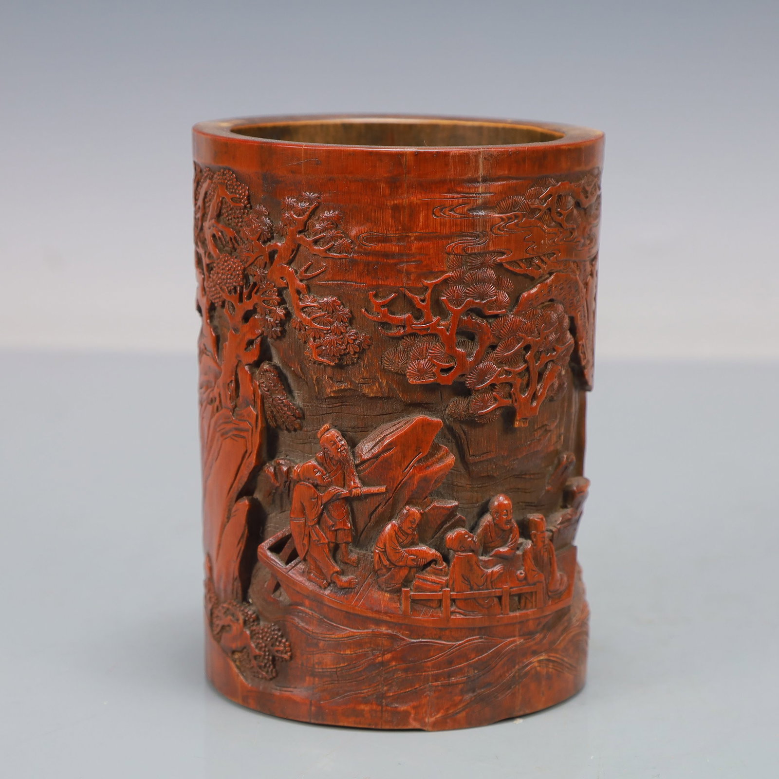 An Exquisite Bamboo Landscape and Figure Pattern Brush Pot: An Exquisite Bamboo Landscape and Figure Pattern Brush Pot,Qing