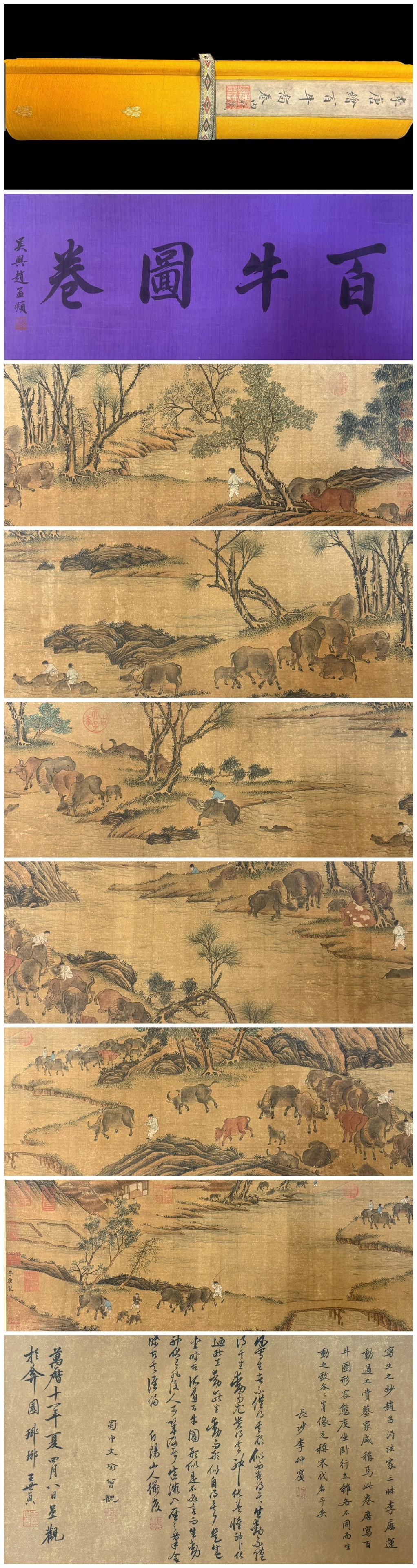 A Chinese Hand Scroll Ink Painting of Buffalo on Silk,: A Chinese Hand Scroll Ink Painting of Buffalo on Silk,Li tang,Size:217.7inx11.9in,一幅中国水墨绢本牛画手卷