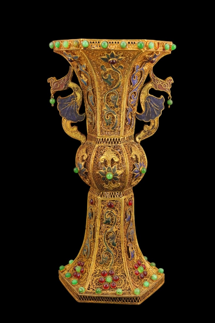 An Exquisite Filigree and Gilding Inlaid Gems Flower Pattern Double-Ears Vase: An Exquisite Filigree and Gilding Inlaid Gems Flower Pattern Double-Ears Vase,Qing Dynasty,China,with Qianlong Four-character