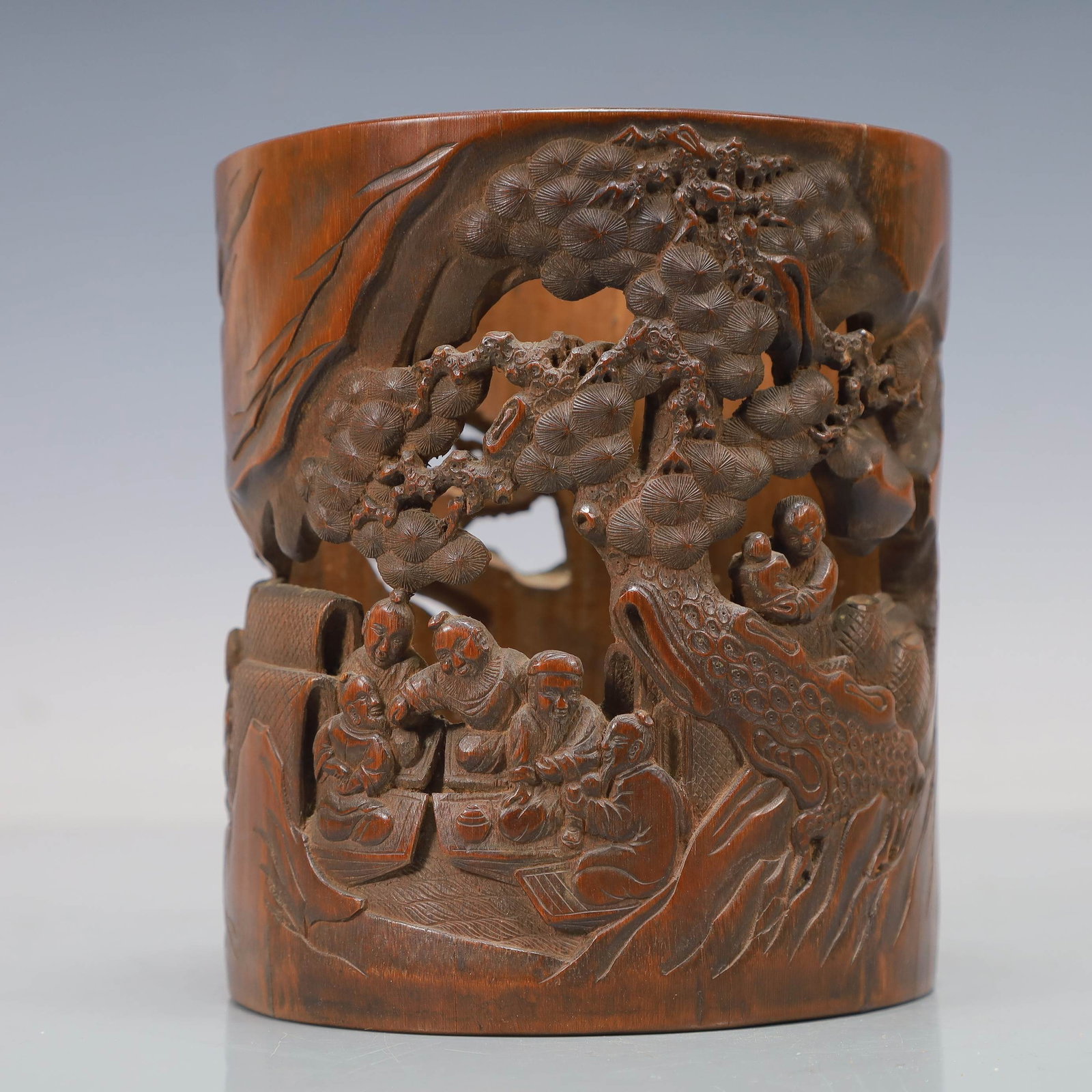 An Exquisite Bamboo Landscape and Figure Pattern Brush Pot: An Exquisite Bamboo Landscape and Figure Pattern Brush Pot,Qing Dynasty,China,Size:5.3inx5.9in,Weight:450g,竹雕山水人物纹笔筒,中国