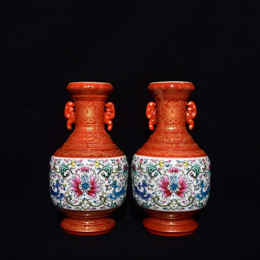 A Pair of Exquisite Enamel Lotus Pattern Double-Ears Vases,: A Pair of Exquisite Enamel Lotus Pattern Double-Ears Vases,Qing Dynasty, China,Qianlong Six-character Mark,Size:10.2inx5.5in