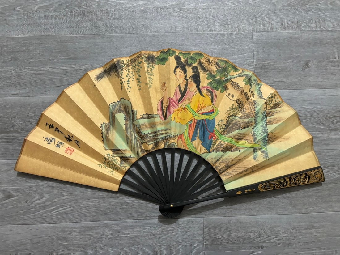 A Chinese Ink Painting Fan with Character and Story Motif: A Chinese Ink Painting Fan with Character and Story Motif,Wen zhengming,Size:23.6inx13in,一把中国水墨人物故事画扇子,ਧ