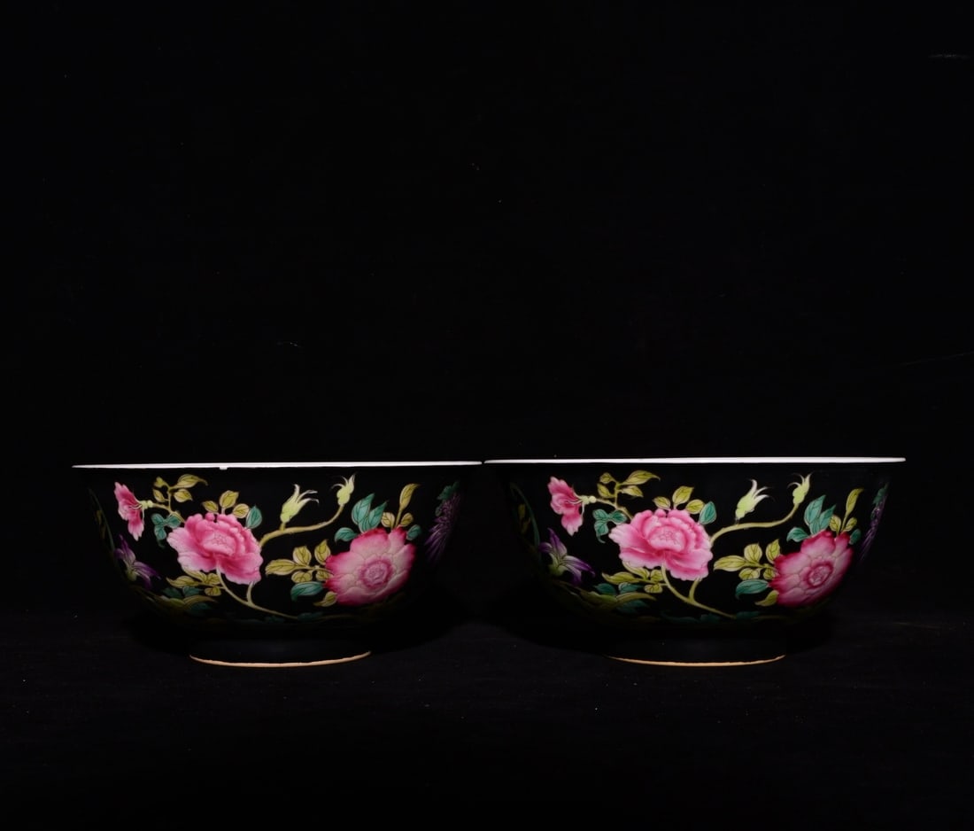 An Exquisite Ink Ground Enamel Flower Pattern Bowl,: An Exquisite Ink Ground Enamel Flower Pattern Bowl,Qing Dynasty, China,Kangxi Four-character Mark,Size:2.8inx5.9in 墨地珐琅彩花卉纹碗