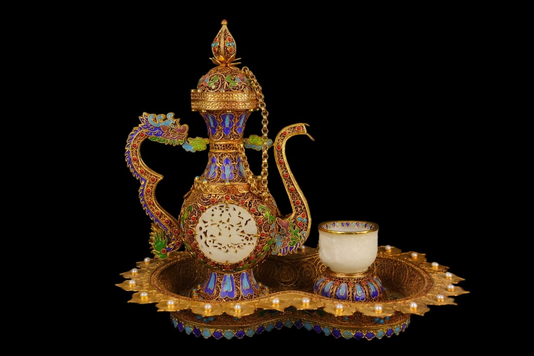 A Set of Fine Filigree and Gilding Inlaid White Jade Wine Vessels: A Set of Fine Filigree and Gilding Inlaid White Jade Wine Vessels,Qing