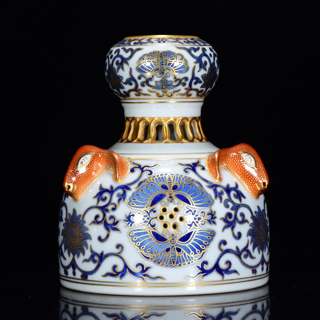 An Exquisite Blue and White Painted Gold Flower Pattern Sheep Head Vase: An Exquisite Blue and White Painted Gold Flower Pattern Sheep Head Vase,Qing Dynasty,China,with Qianlong Six-character