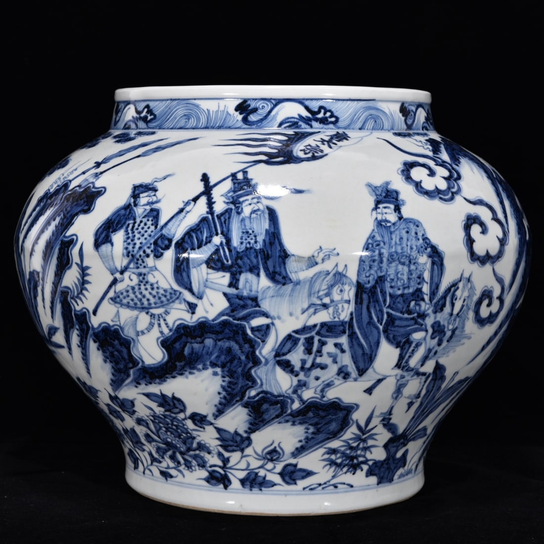 An Exquisite Blue and White Character and Story Pattern Jar: An Exquisite Blue and White Character and Story Pattern Jar,Yuan Dynasty,China,Size:10.6inx13.4in,青花人物故事纹罐,中国元代