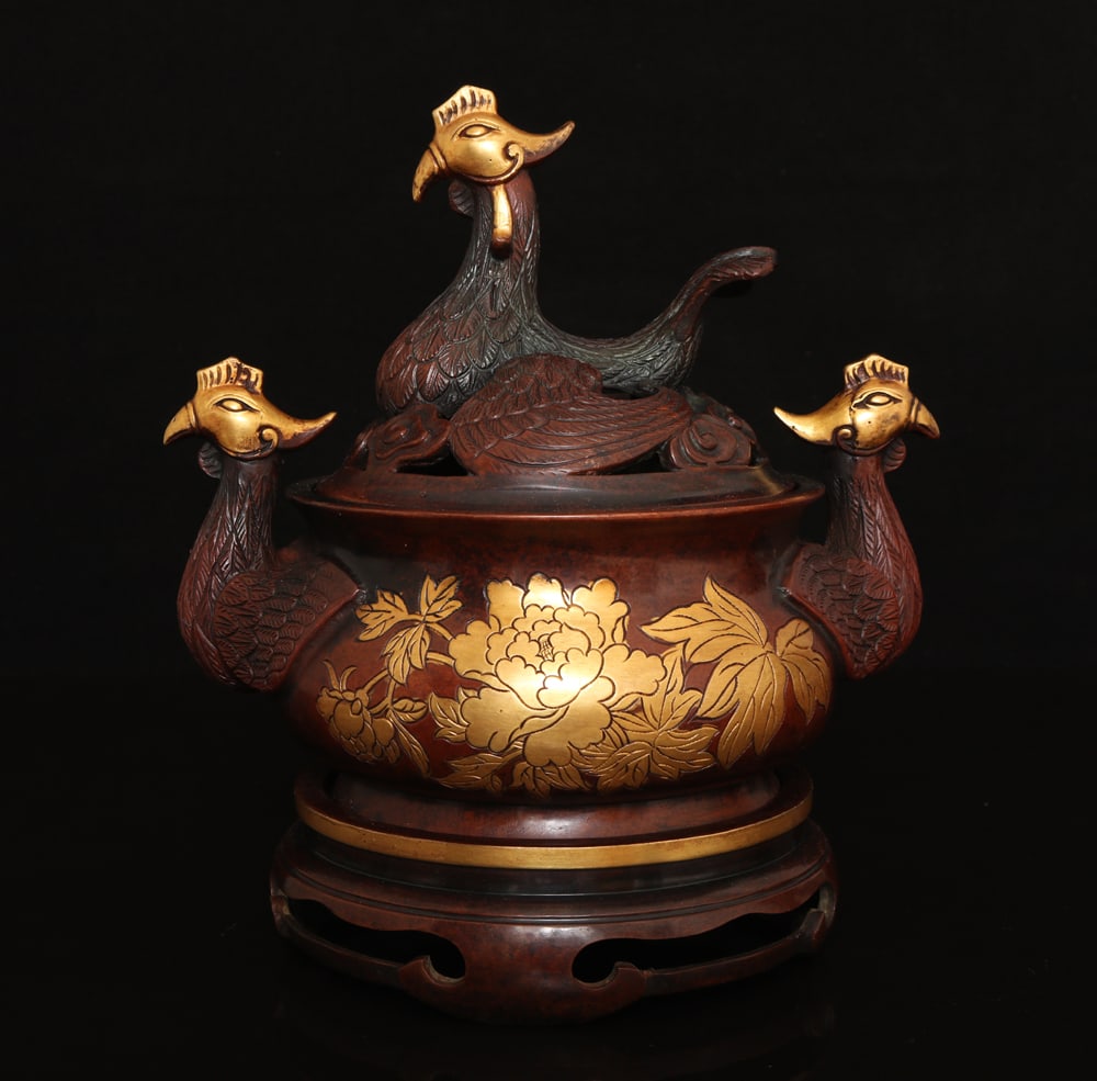 An Exquisite Gilt Bronze Peony Phoenix Pattern Double-Ears Censer (1 of 9)