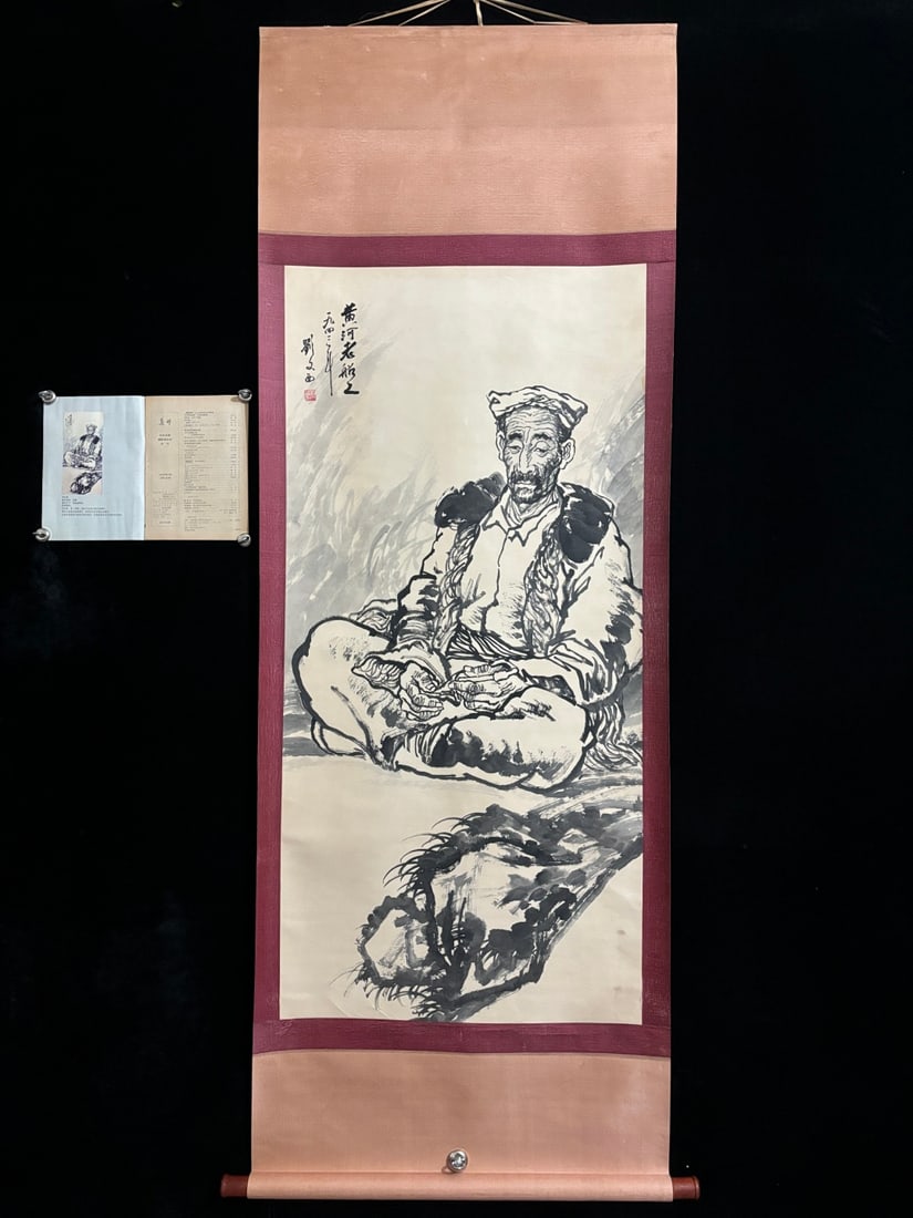 A Chinese Vertical Scroll Ink Painting of Character and Story on Paper: A Chinese Vertical Scroll Ink Painting of Character and Story on Paper,Liu wenxi,Size:(entirety)80.7inx31.5in,(Without