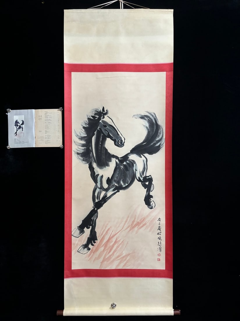 A Chinese Vertical Scroll Ink Painting of Horse on Paper: A Chinese Vertical Scroll Ink Painting of Horse on Paper,Xu beihong,Size:(entirety)80.7inx31.5in,(Without