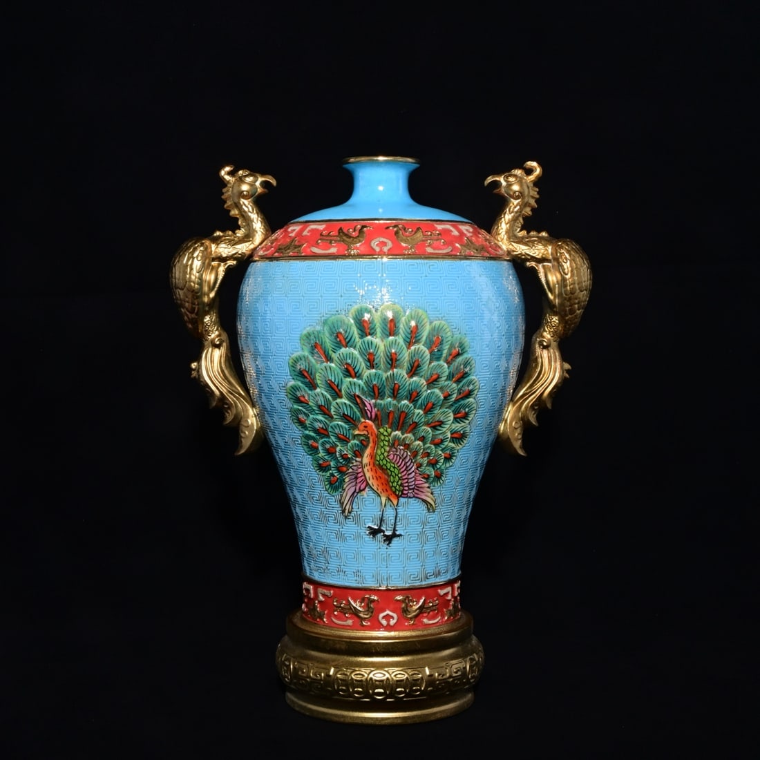An Exquisite Famille-Rose Sky Blue Glazed Inlaid Gilt Bronze Peacock Pattern Phoenix-Ears Vase,: An Exquisite Famille-Rose Sky Blue Glazed Inlaid Gilt Bronze Peacock Pattern Phoenix-Ears Vase,Qing Dynasty, China,Qianlong Six-character Mark,Size:11.8inx9.4in 粉彩天蓝釉