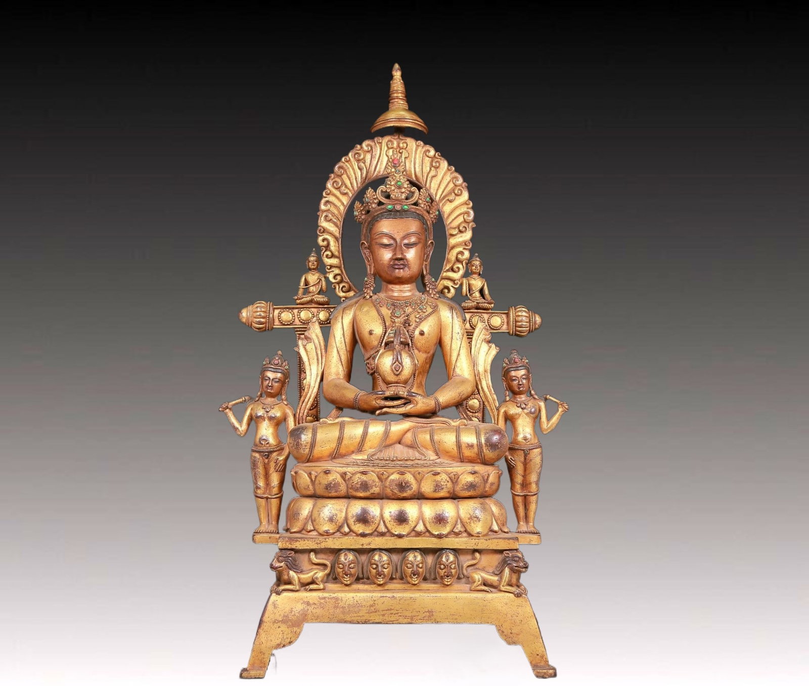 A solemn gilt bronze statue of Amitayus Buddha inlaid gems (1 of 13)