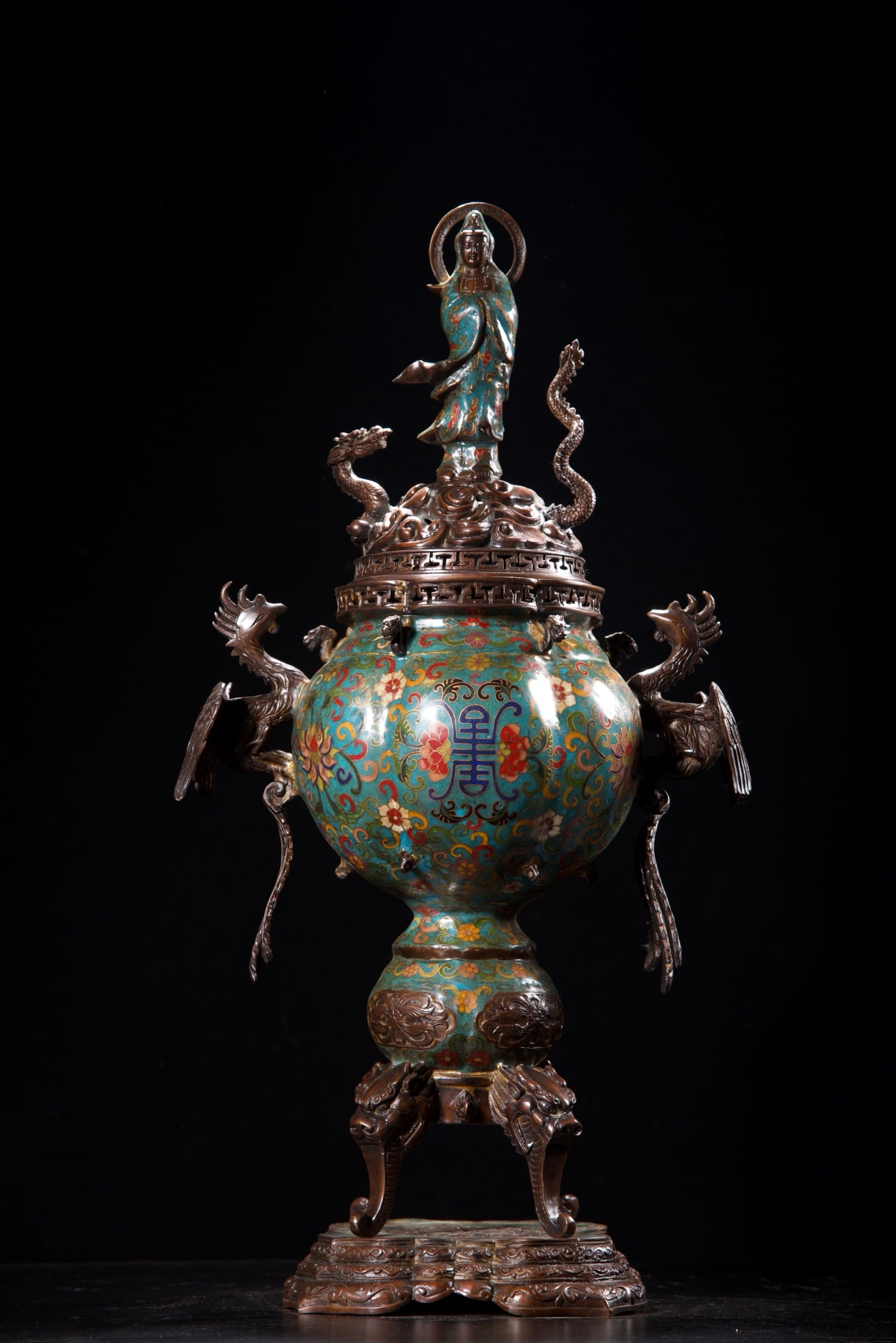 An Exquisite Cloisonne Lotus Pattern Statue of Avalokitesvara with Cover Phoenix-Ears four legs: An Exquisite Cloisonne Lotus Pattern Statue of Avalokitesvara with Cover Phoenix-Ears four legs Censer,with Base,Qing Dynasty,China,with Qianlong Four-character Mark,Size:23.6inx13in,Weight:8000g,
