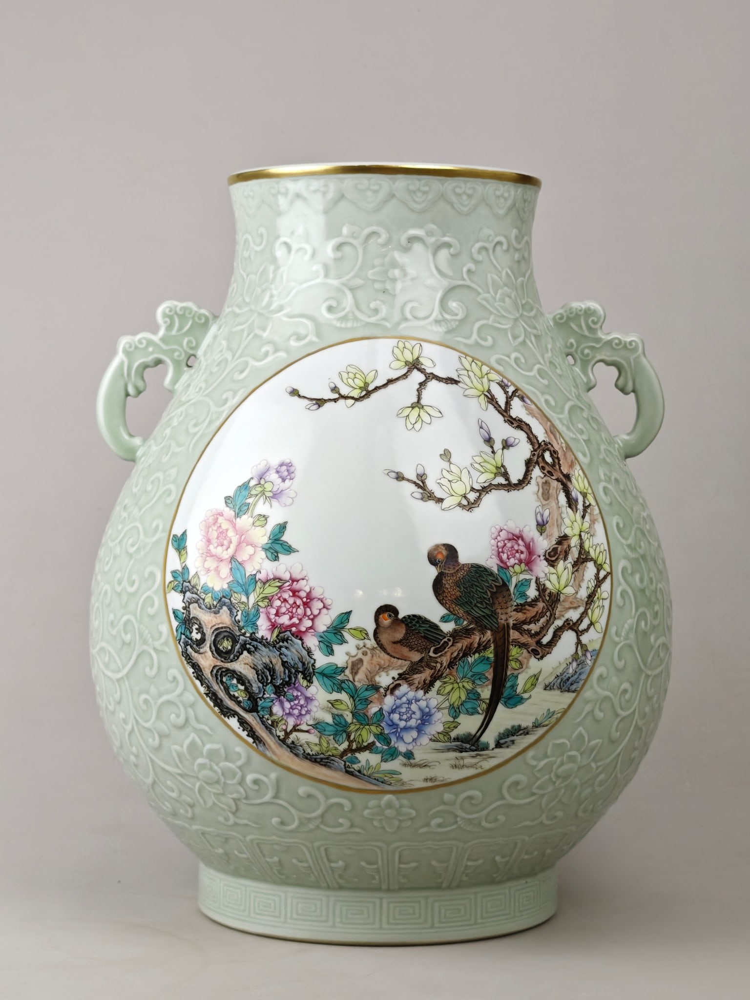 Famille-Rose Celadon Glazed Lotus Pattern Flower and Bird Pattern Double-Ears Vase: Famille-Rose Celadon Glazed Lotus Pattern Flower and Bird Pattern Double-Ears Vase,Qing Dynasty,China,with Qianlong Six-character Mark,Size:14.6inx11.8in 粉彩青釉缠ੜ