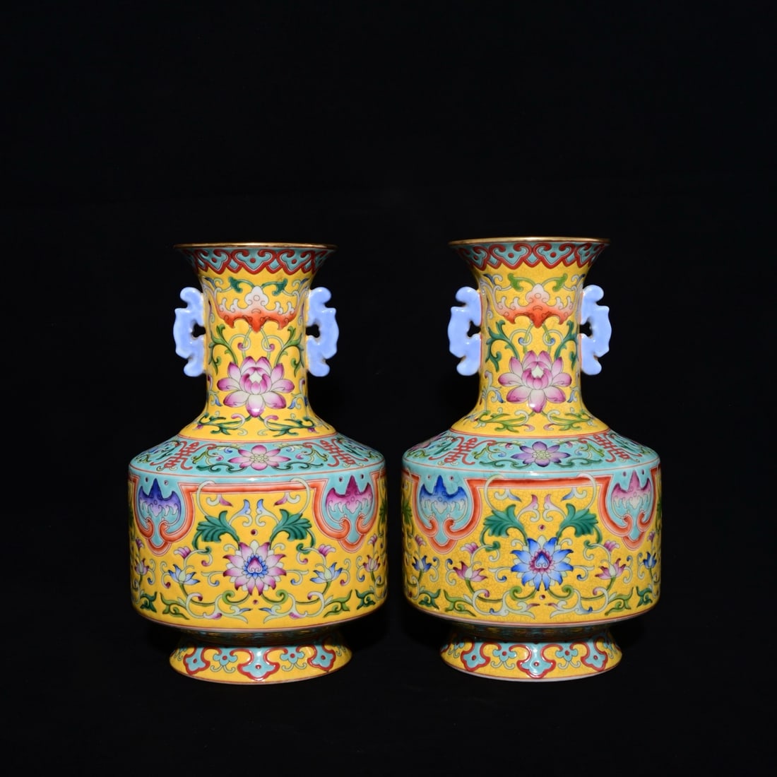 A Pair of Exquisite Enamel Flower Pattern Double-Ears Vases,: A Pair of Exquisite Enamel Flower Pattern Double-Ears Vases,Qing Dynasty, China,Yongzheng Four-character Mark,Size:7.9inx5.5in 一对珐琅彩花卉纹双&