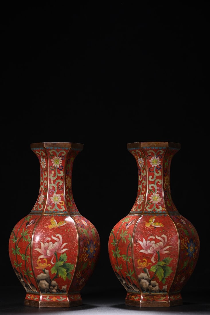 A Pair of Exquisite Cloisonne Lotus Pattern Plum Blossom,Orchid Bamboo and Chrysanthemum Pattern: A Pair of Exquisite Cloisonne Lotus Pattern Plum Blossom,Orchid Bamboo and Chrysanthemum Pattern Vases,Qing Dynasty,China,with Qianlong Four-character Mark,Size:12.2inx6.3inx3.9in*2,Weight:5495g,Ç