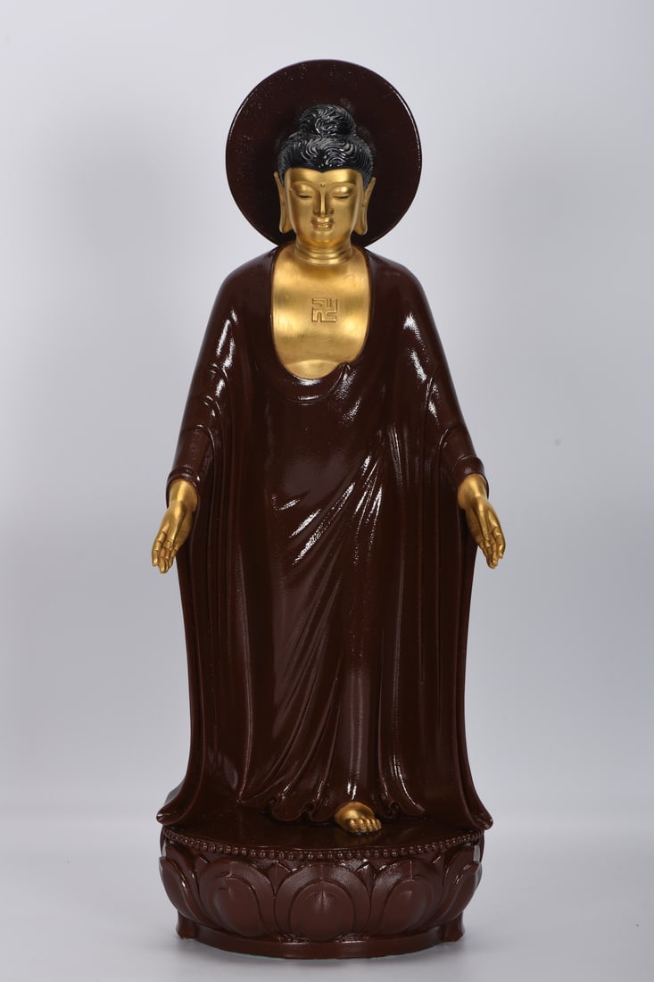 An Exquisite Brown Glazed Painted Gold Buddha Statue: An Exquisite Brown Glazed Painted Gold Buddha Statue,Qing Dynasty, China , Yongzheng Four-character Mark,Size:20.9inx8.1in,褐釉描金佛像,中国清