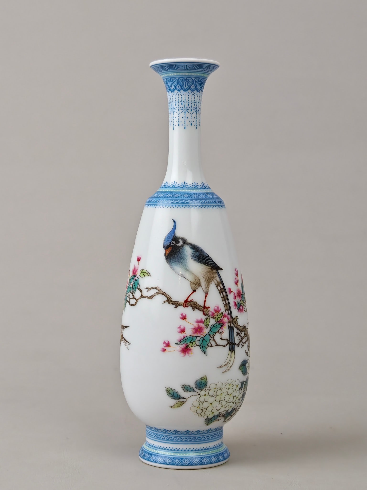 Enamel Flower and Bird Pattern with poem Vase: Enamel Flower and Bird Pattern with poem Vase,Qing Dynasty,China,with Yongzheng Four-character Mark,Size:7.2inx2.8in 珐琅彩花鸟纹带诗文瓶,&#