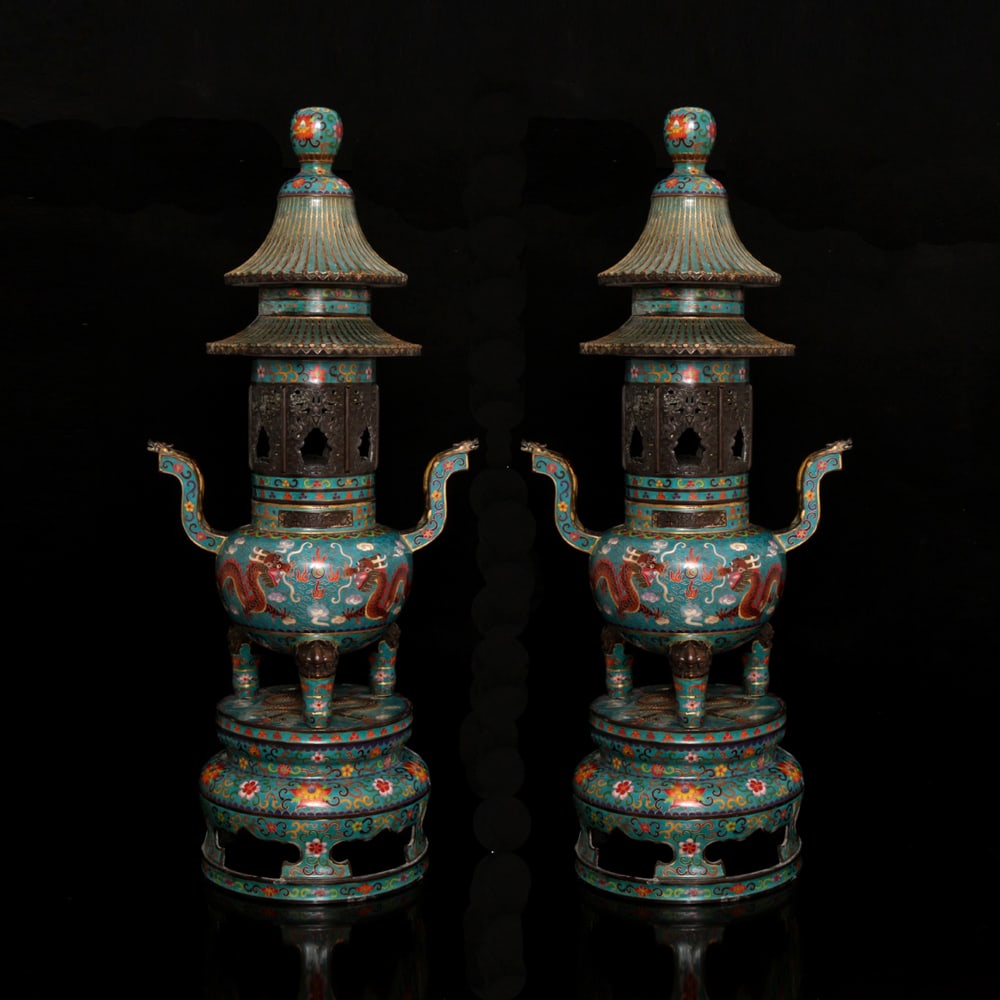 A Pair of Exquisite Cloisonne Lotus Pattern Dragon Pattern Double-Ears Tripod Censer,with Bases: A Pair of Exquisite Cloisonne Lotus Pattern Dragon Pattern Double-Ears Tripod Censer,with Bases,Ming Dynasty,China,with Qianlong Six-character