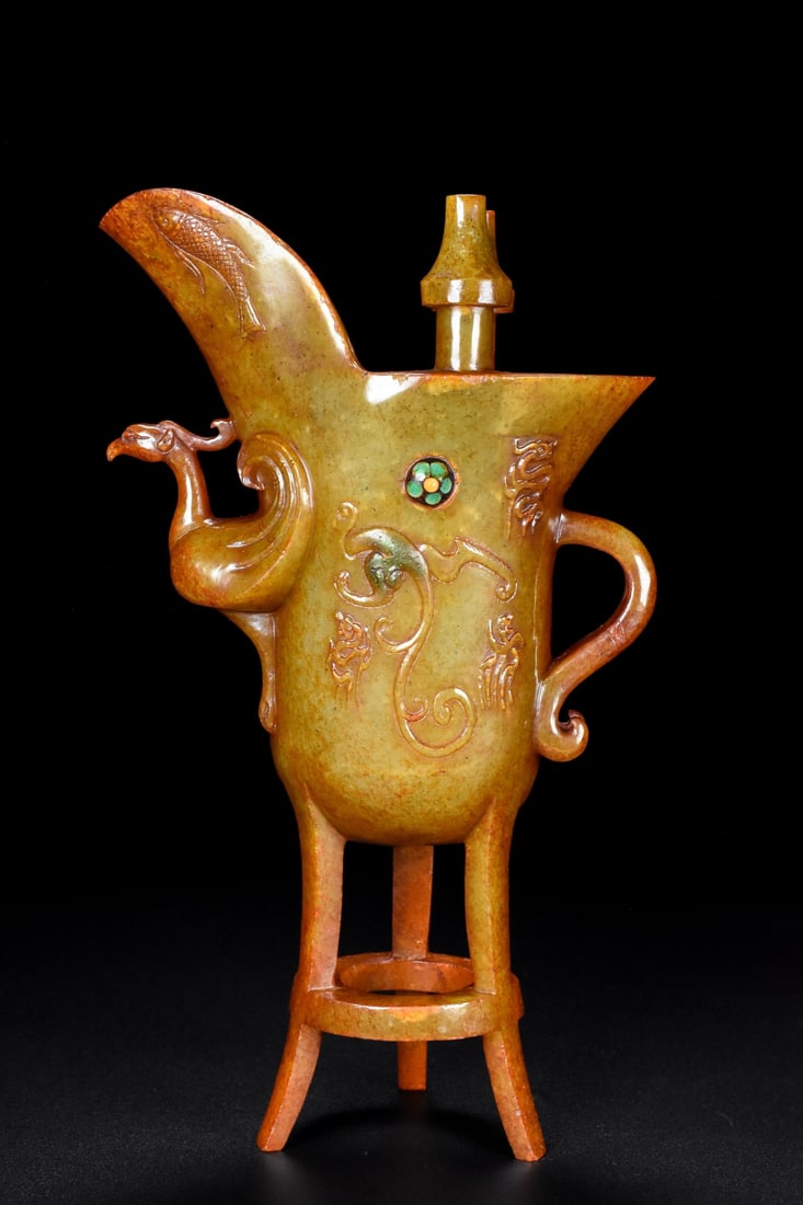 An Exquisite White Jade Phoenix Pattern Goblet,Inlaid Gems (1 of 9)