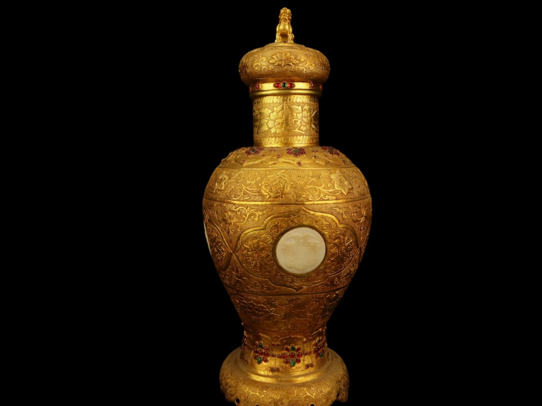 An Exquisite Gilt Bronze Inlaid White Jade Flower Pattern Vase,Inlaid Gems (1 of 9)