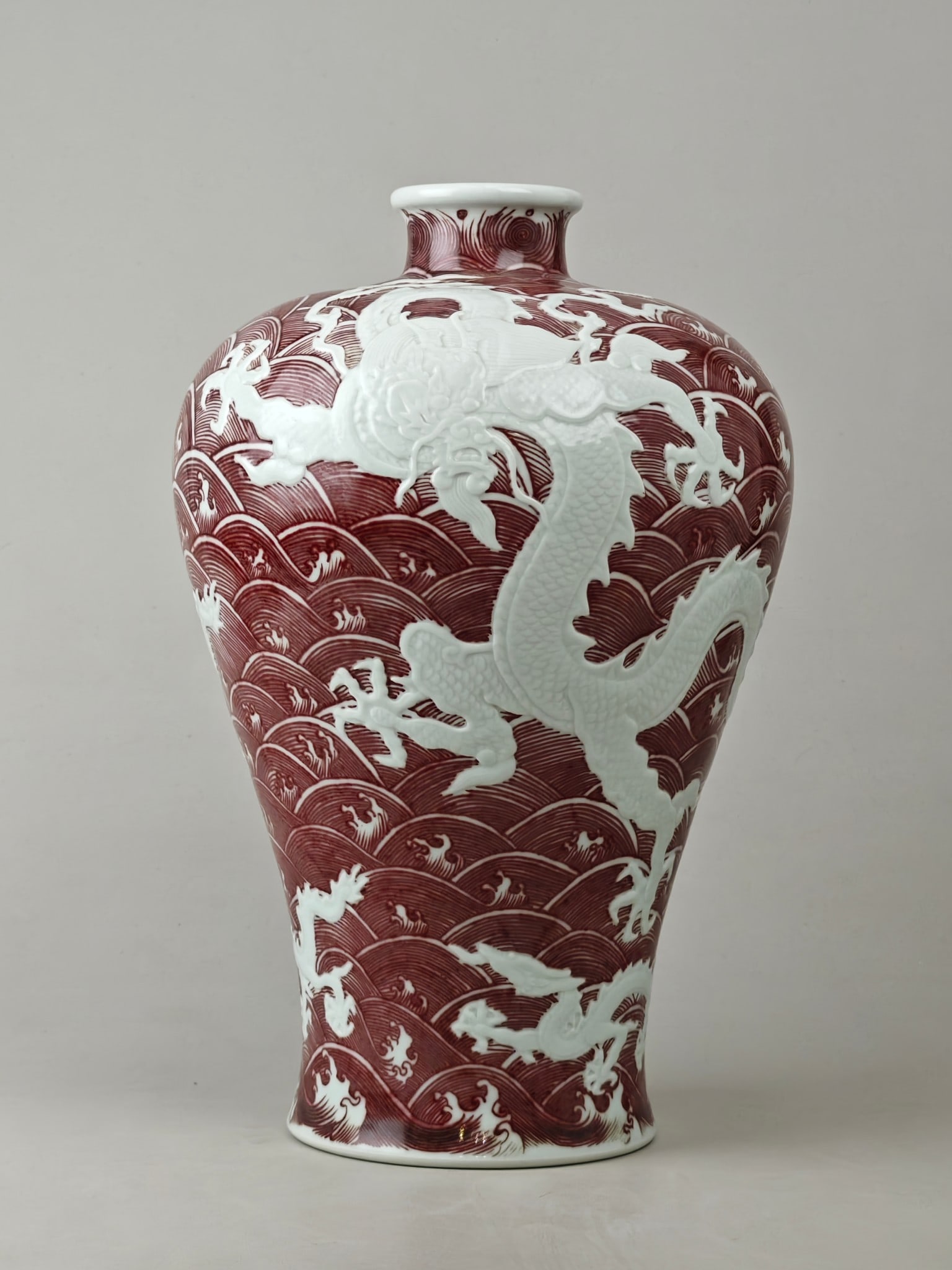 Underglaze-Red Seawater Dragon Pattern Vase: Underglaze-Red Seawater Dragon Pattern Vase,Qing Dynasty,China,with Yongzheng Six-character Mark,Size:14.2inx9.1in 釉里红海水龙纹瓶,中国