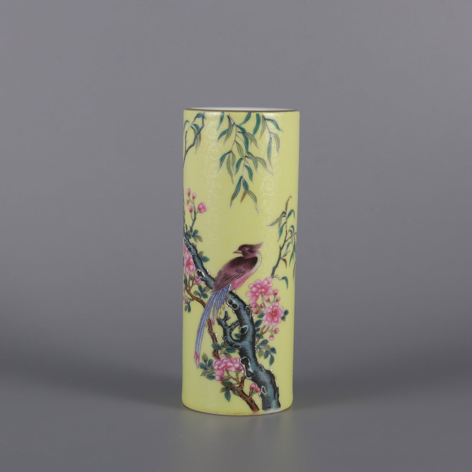An Exquisite Famille-Rose Yellow Ground Flower and Bird Pattern Brush Pot,with poem: An Exquisite Famille-Rose Yellow Ground Flower and Bird Pattern Brush Pot,with poem,Qing Dynasty,China,Yongzheng Six-character Mark,Size:5.9inx2.2in,粉彩黄地花鸟