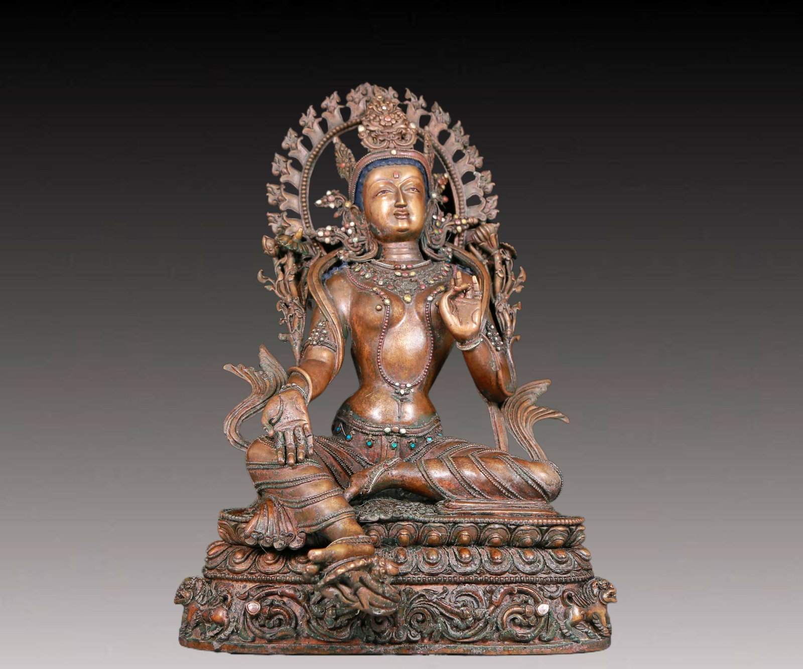 A solemn bronze inlaid gems green Tara statue (1 of 13)