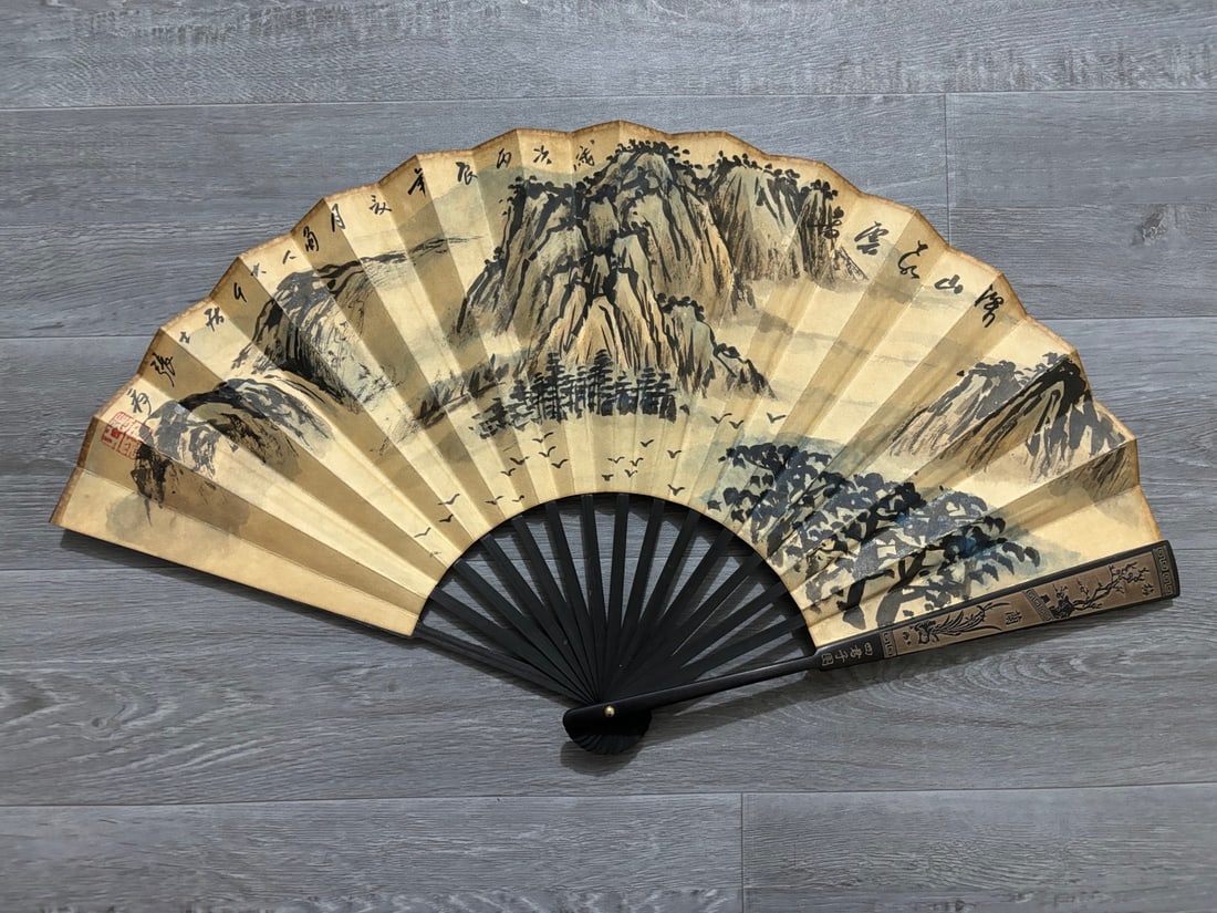 A Chinese Ink Painting Fan with Landscape Motif: A Chinese Ink Painting Fan with Landscape Motif,Zhang daqian,Size:23.6inx13in,一把中国水墨山水画扇子,张大千