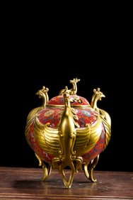 An Exquisite Cloisonne Lotus Pattern with Cover Phoenix-Ears Tripod Censer
