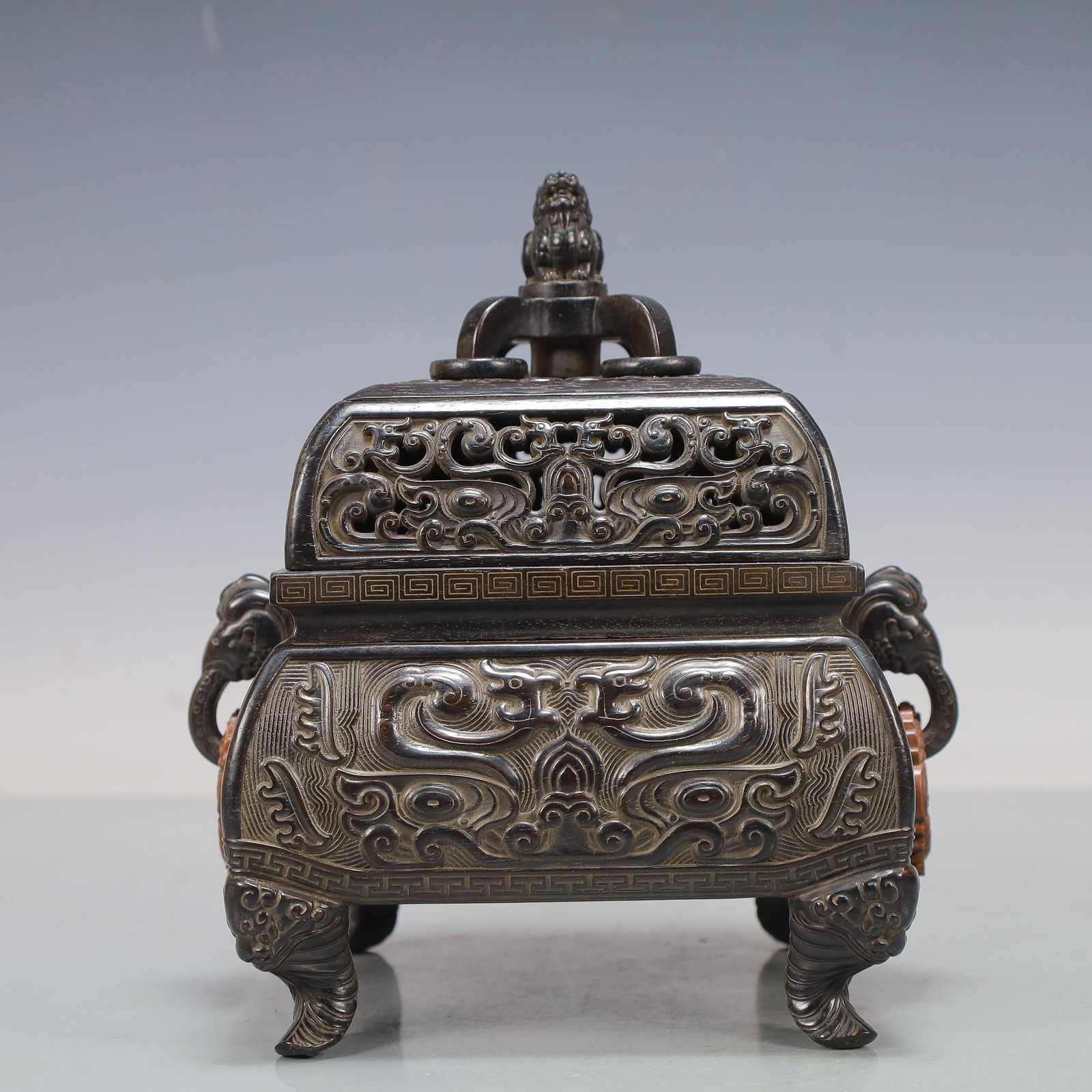 An Exquisite Zitanwood Dragon Pattern with Cover Beast-Ears four legs Censer: An Exquisite Zitanwood Dragon Pattern with Cover Beast-Ears four legs Censer,Qing Dynasty,China,With