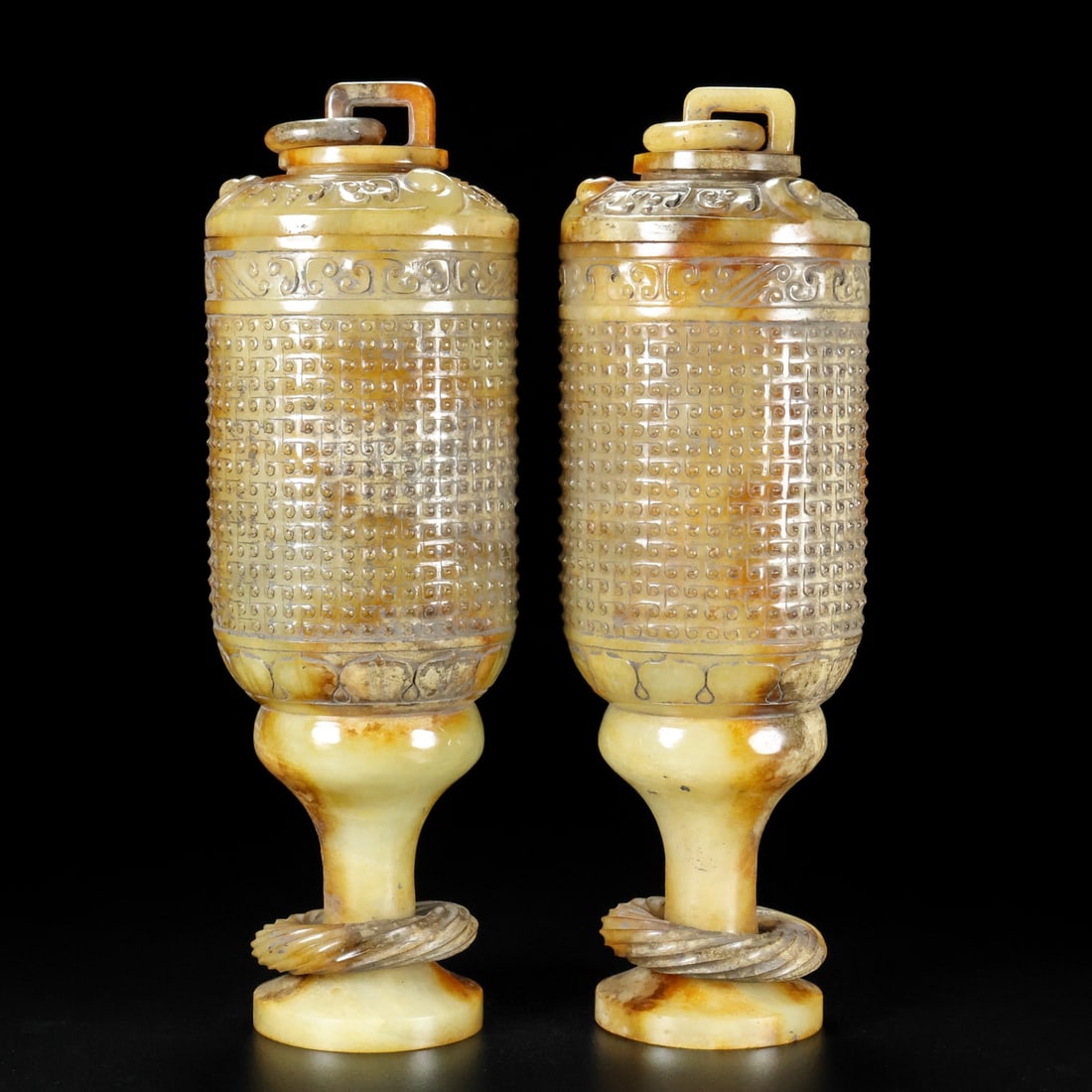 A Pair of Exquisite White Jade with Cover Cups: A Pair of Exquisite White Jade with Cover Cups,Han Dynasty,China,Size:2.6inx2.6inx7.9in*2,Weight:1223.7g,一对白玉带盖杯,中国汉代