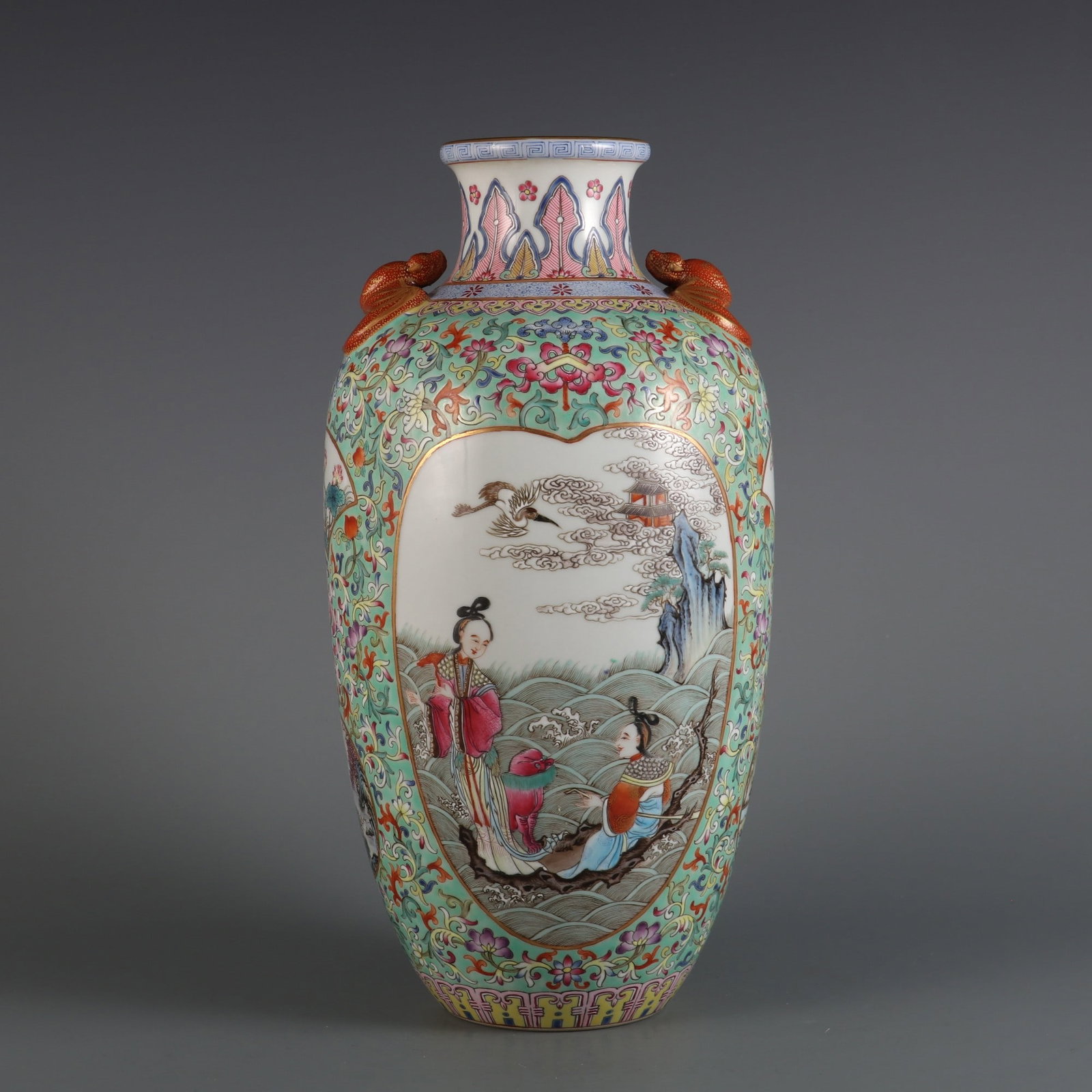 An Exquisite Famille-Rose Green Ground Lotus Pattern Character and Story Pattern Double-Ears Vase: An Exquisite Famille-Rose Green Ground Lotus Pattern Character and Story Pattern Double-Ears Vase,Qing Dynasty,China,Qianlong Six-character Mark,Size:12.6inx5.9in,粉彩绿地Ņ
