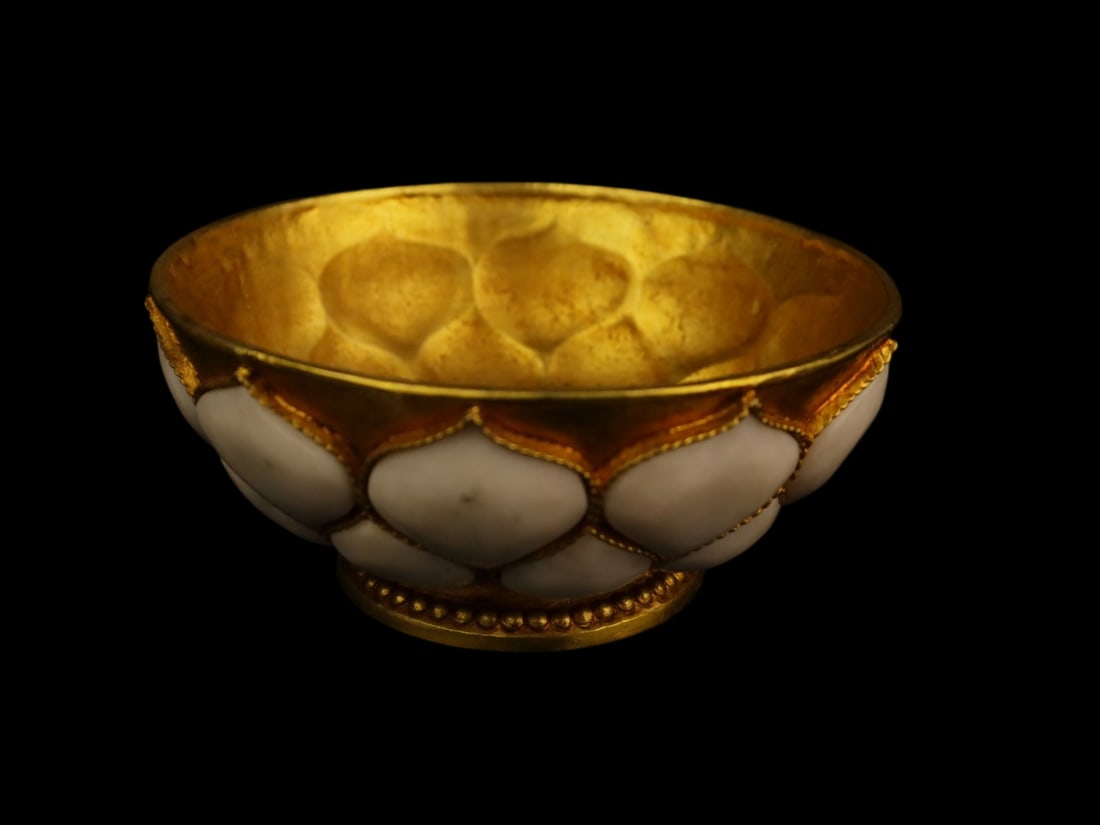 An Exquisite Gilt Bronze Inlaid White Jade Bowl: An Exquisite Gilt Bronze Inlaid White Jade Bowl,Qing Dynasty,China,with Qianlong Four-character