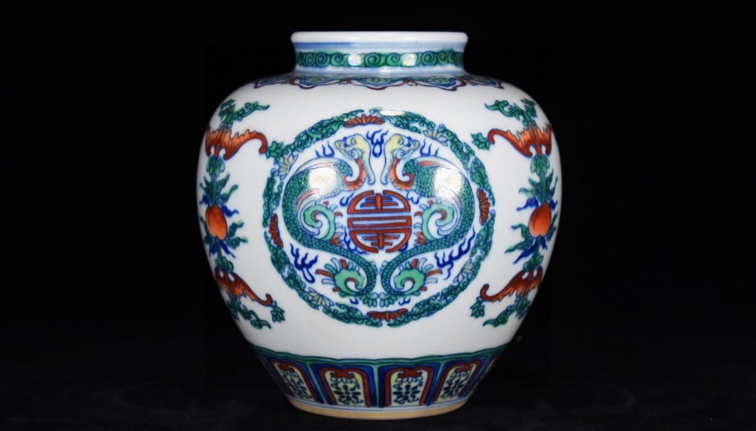 An Exquisite Doucai Bats and Peach Pattern Jar: An Exquisite Doucai Bats and Peach Pattern Jar,Qing Dynasty,China,with Qianlong Six-character