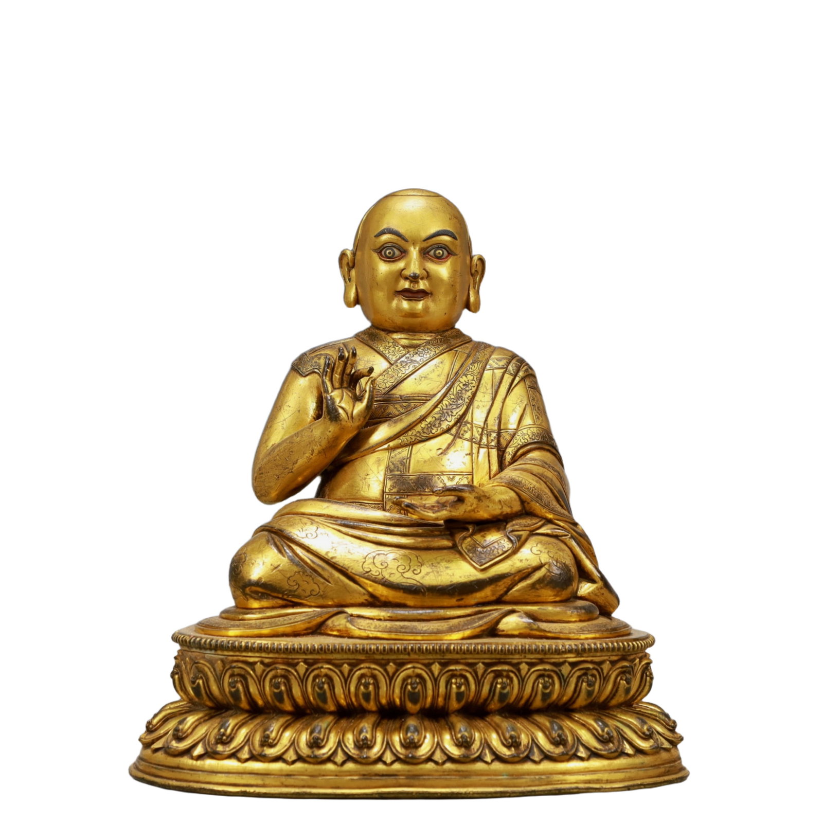 A Solemn Gilt Bronze Statue of Guru: A Solemn Gilt Bronze Statue of Guru,Ming Dynasty, China,Size:10.2inx7.9inx11.8in,Weight:7150g,铜鎏金上师像,中国明代
