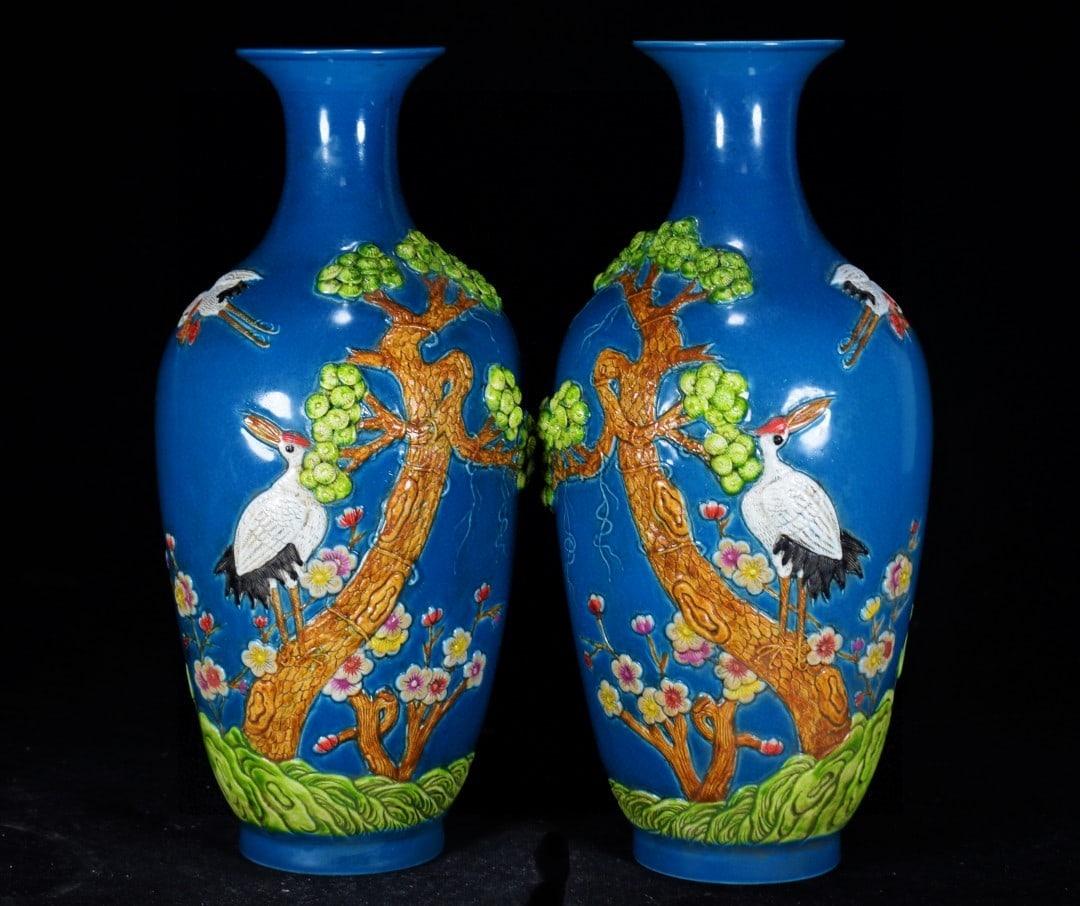 A Pair of Famille-Rose Peacock Blue Glazed Pine and Crane Pattern Vases (1 of 9)