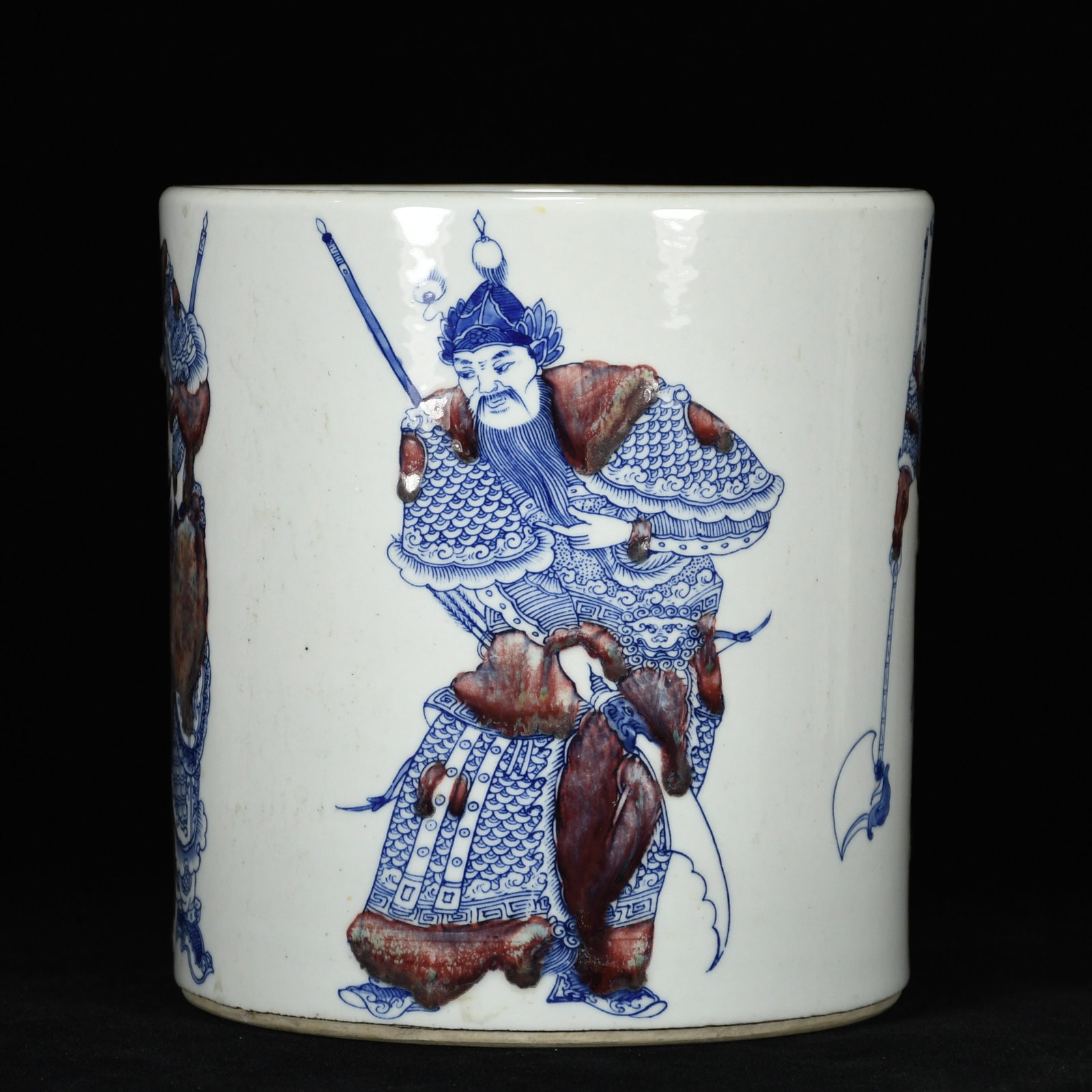An Exquisite Blue and White Underglaze-Red Character and Story Pattern Brush Pot: An Exquisite Blue and White Underglaze-Red Character and Story Pattern Brush Pot,Qing Dynasty,China,with Kangxi Six-character Mark,Size:8.3inx7.9in,青花釉里红人