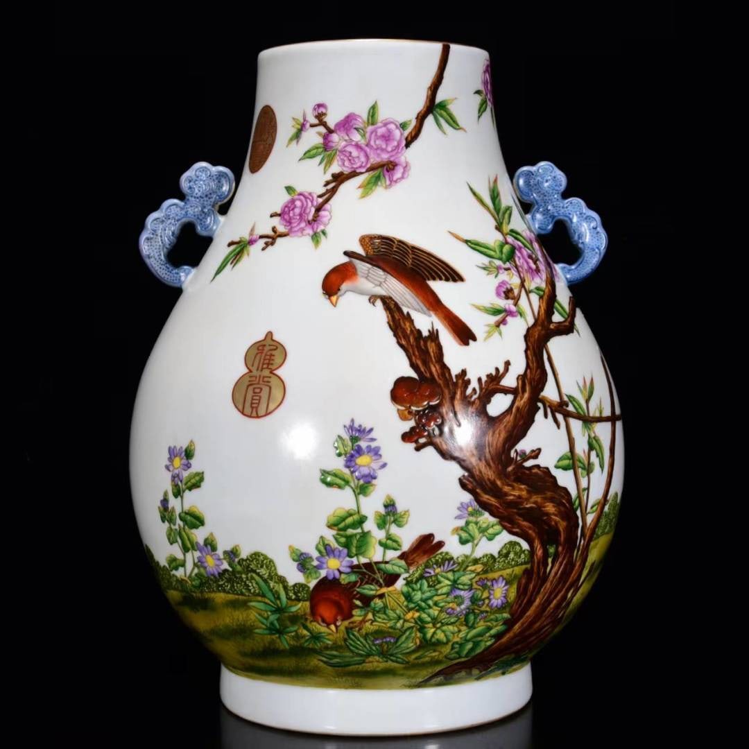 An Exquisite Enamel Flower and Bird Pattern Double-Ears Vase: An Exquisite Enamel Flower and Bird Pattern Double-Ears Vase,Qing Dynasty,China,with Qianlong Six-character Mark,,Size:17.7inx8.7in,珐琅彩花鸟纹双耳