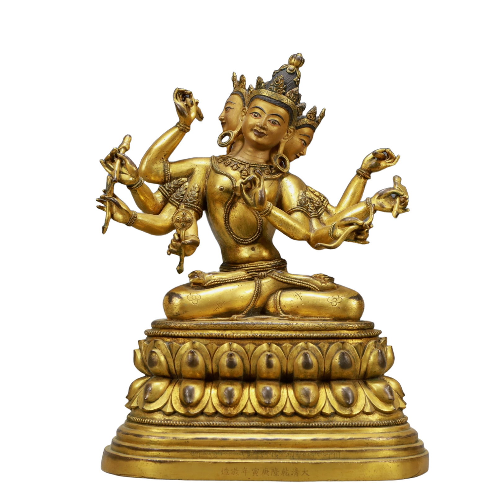 A Solemn Gilt Bronze Statue of Three-Headed and Eight-Armed Guanyin: A Solemn Gilt Bronze Statue of Three-Headed and Eight-Armed Guanyin ,Ming Dynasty,
