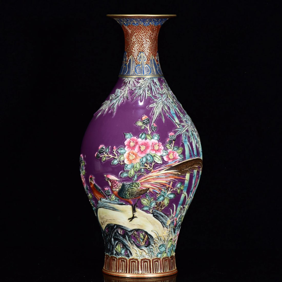 An Exquisite Purple Glazed Famille-Rose Flower and Bird Pattern Painted Gold Vase: An Exquisite Purple Glazed Famille-Rose Flower and Bird Pattern Painted Gold Vase,Qing Dynasty,China,Size:12.6inx5.9in,紫釉粉彩花鸟纹描金瓶,