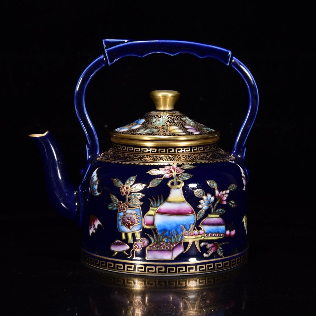 An Exquisite Ji Blue Glazed Painted Gold Antiquities Pattern Teapot (1 of 9)