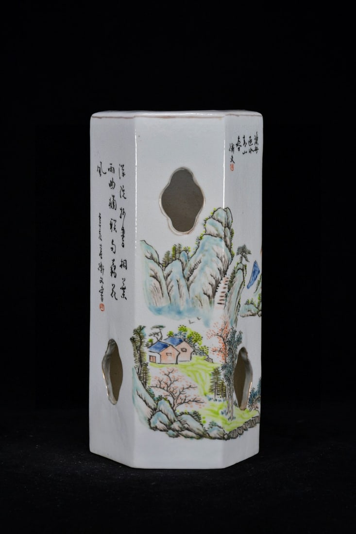 An Exquisite Famille-Rose Landscape Pattern Brush Pot,with poem: An Exquisite Famille-Rose Landscape Pattern Brush Pot,with poem,Qing Dynasty,China,Size:10.2inx5.1in,粉彩山水纹笔筒,带诗文,中国&