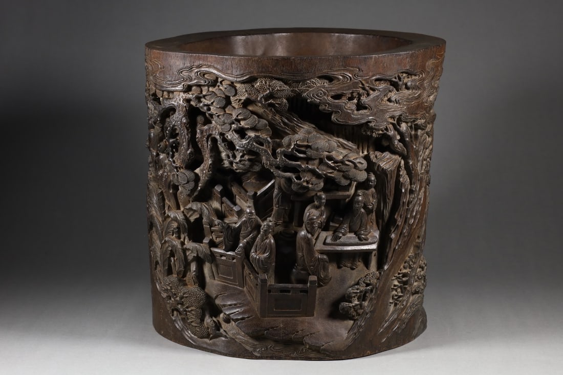 An Exquisite Zitanwood Landscape and Figure Pattern Brush Pot,with poem: An Exquisite Zitanwood Landscape and Figure Pattern Brush Pot,with poem,Qing Dynasty,China,With Mark,Size:10.9inx11.8inx10.6in,紫檀木山水人物纹笔&